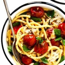 Garlicky Pasta with Burrata, Basil and Burst Cherry Tomatoes