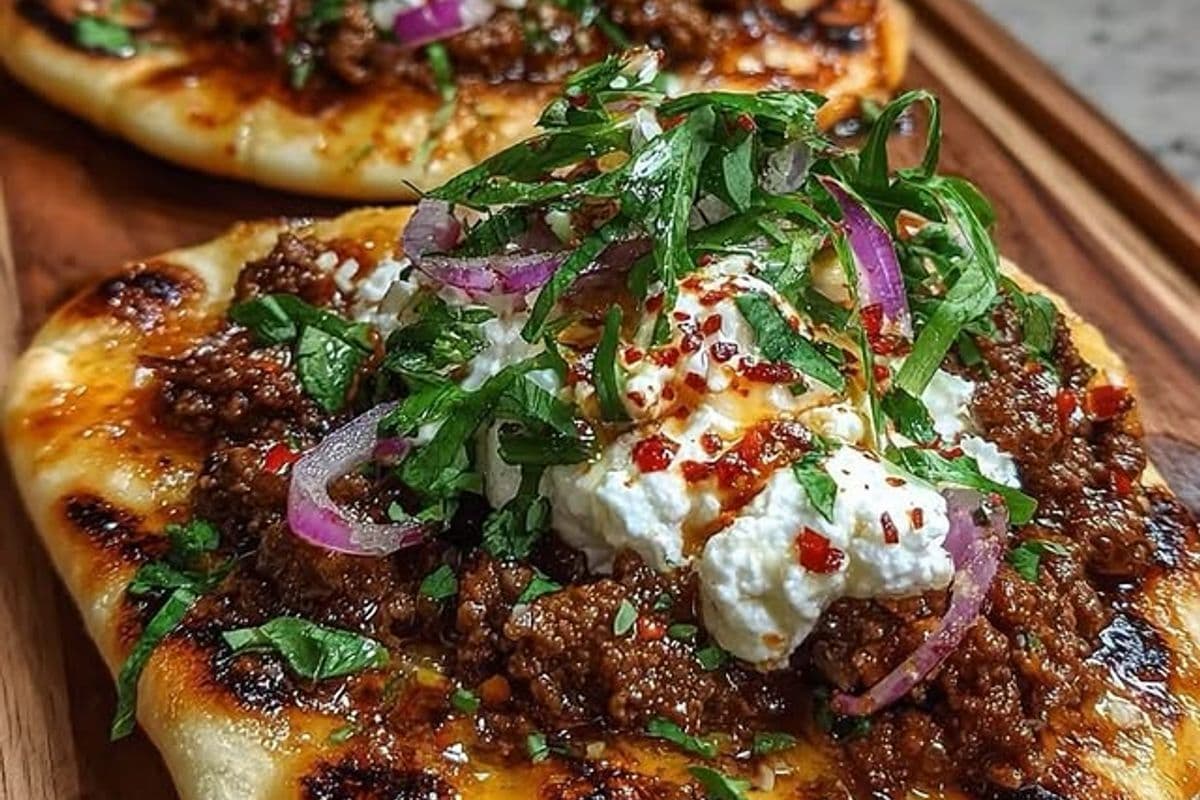 Garlic Butter Ground Beef Flatbread with Whipped Feta & Sweet Heat Honey
